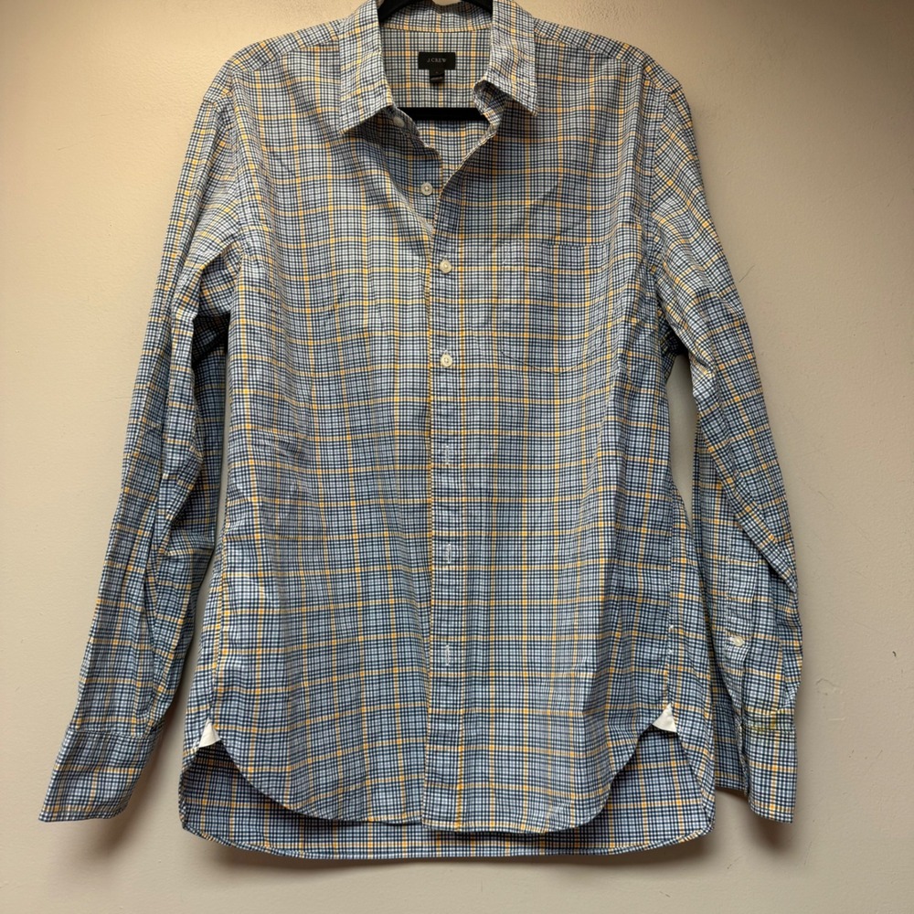 J.Crew Button Down Shirt‎ Mens Large Blue Yellow Plaid Cotton Excellent 02307